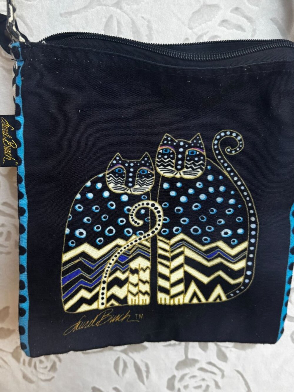 Laurel Burch Cat Print Crossbody Bag Bohemian Geometric Strap & Beaded details - Picture 5 of 13